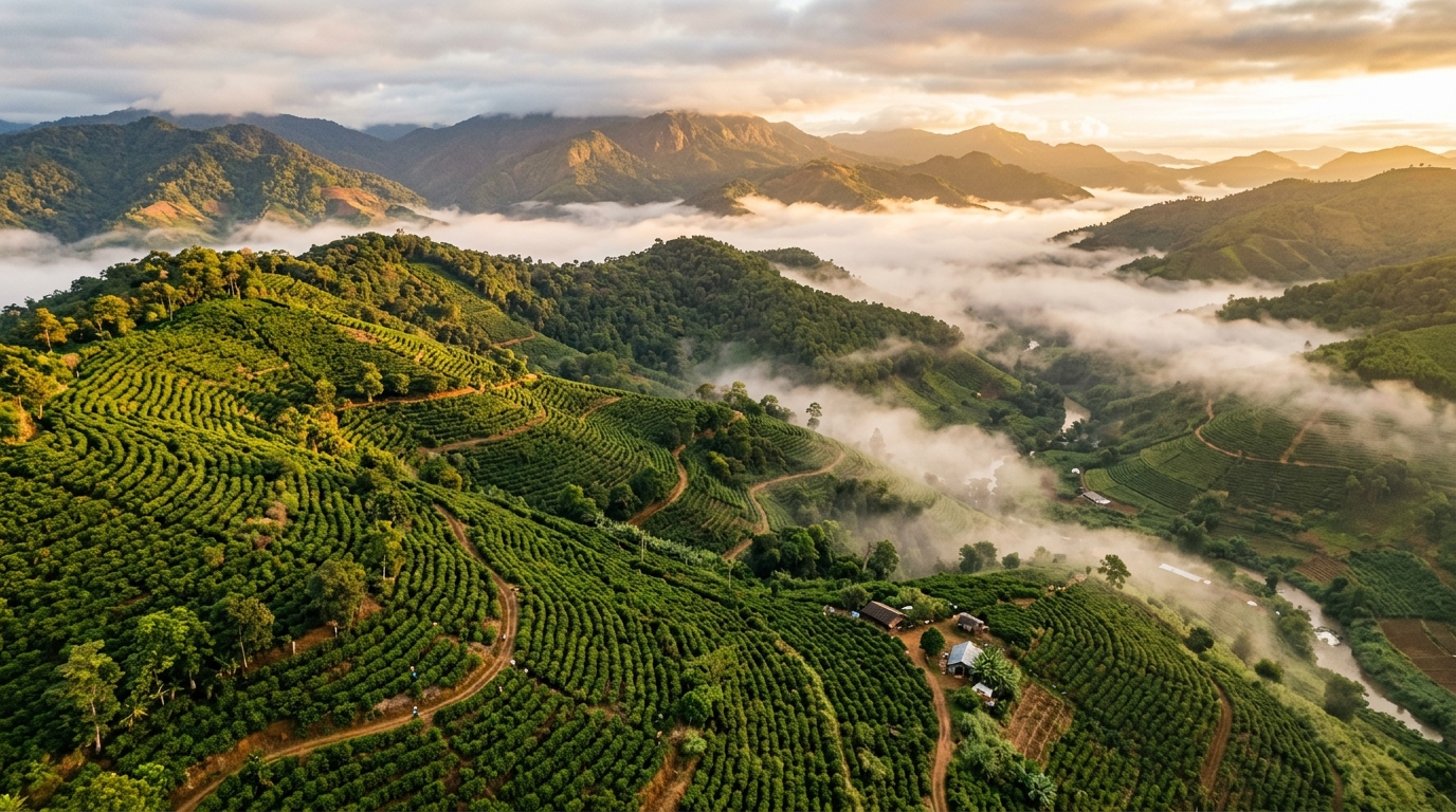 Aerial view of coffee plantation in Central Highlands of Vietnam where sources natural materials for eco-friendly pet toys