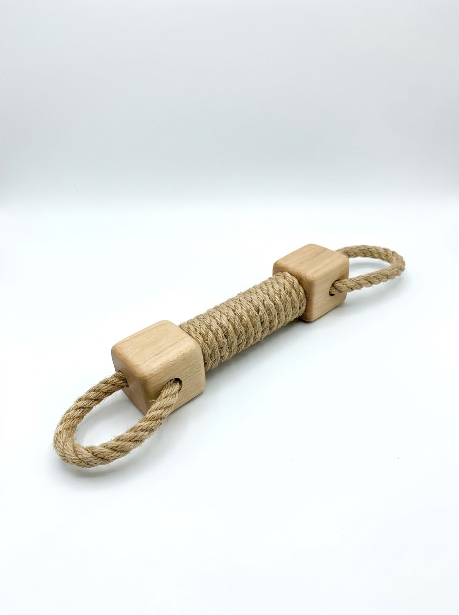 Coffee wood tug toy for dogs with natural hemp and coconut rope for interactive play